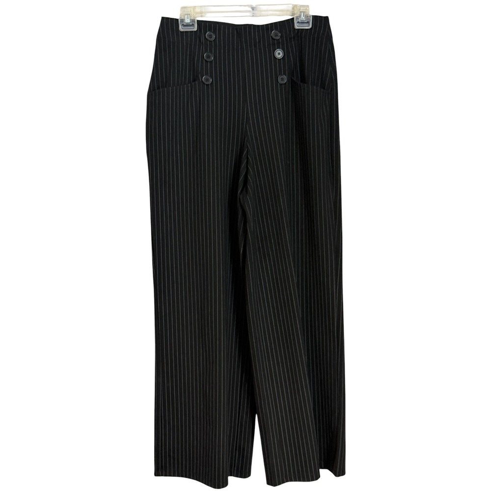 Sailor Wide Leg Pants Womens L Black Pinstripe High Waist Trousers Casual‎ Chic - Picture 6 of 15